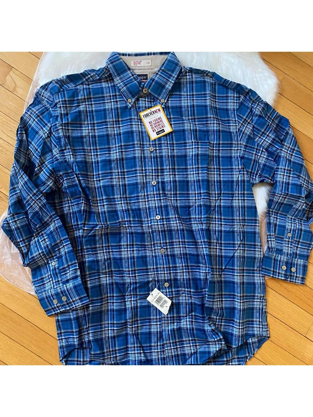 Haggar Blue Plaid Casual Button Down Shirt Large